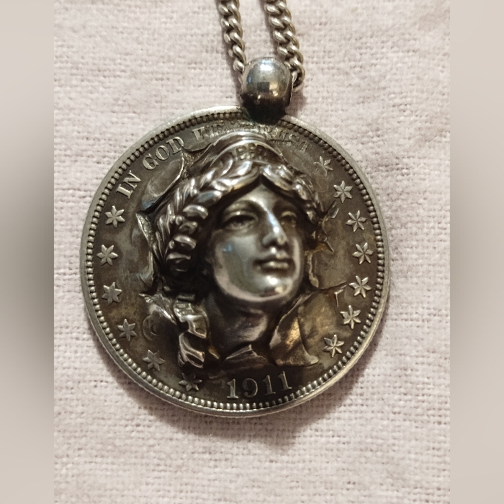 Antique 1911 Half Dollar Lady Liberty Pop Out Coin 3-D Necklace Sterling Silver